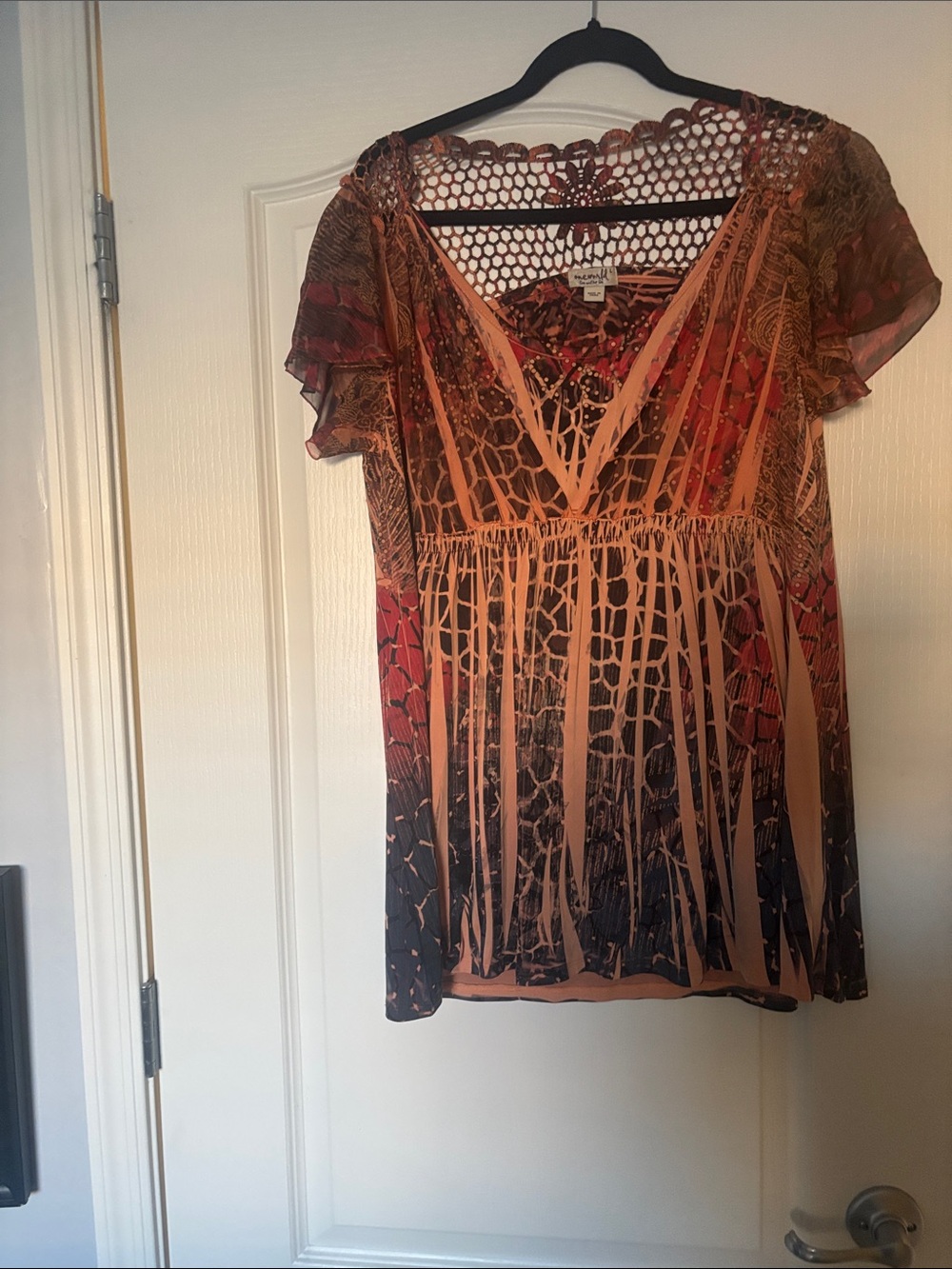 live and let live Rust Orange and Brown Crochet Yoke V-Neck Tunic